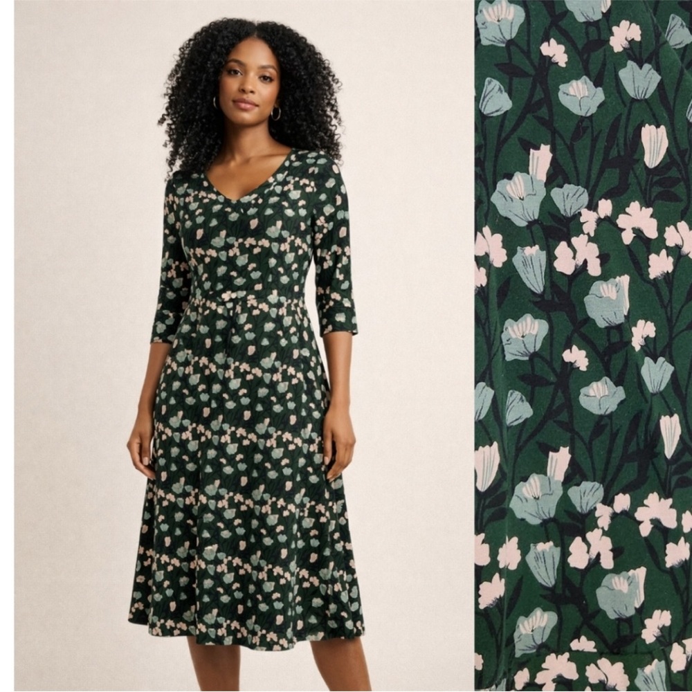 Pact Fit and Flare Midi Part Dress Green Floral XS
